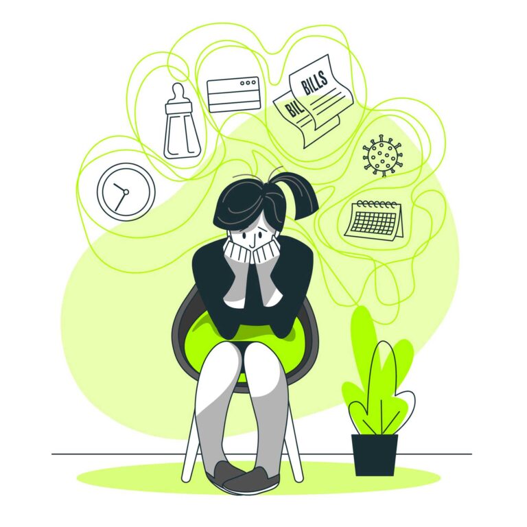 Illustration of a girl pondering responsibilities, experiencing anxiety disorder.