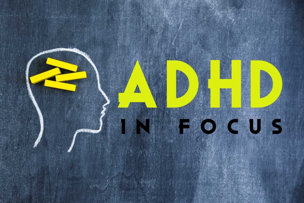 Vector illustration of ADHD depicted on a chalkboard, symbolizing the complexity within a human head due to ADHD.